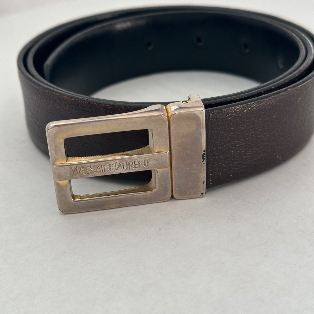 Yves Saint Laurent Reversible Leather Belt Brown Black Silver Buckle 34-85